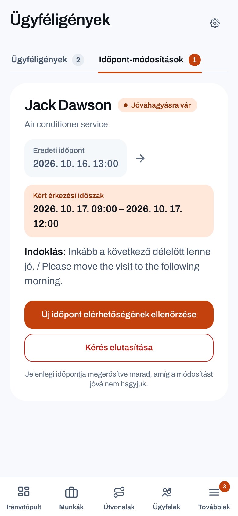 Időpont-módosítási kérés a diszpécser felületén