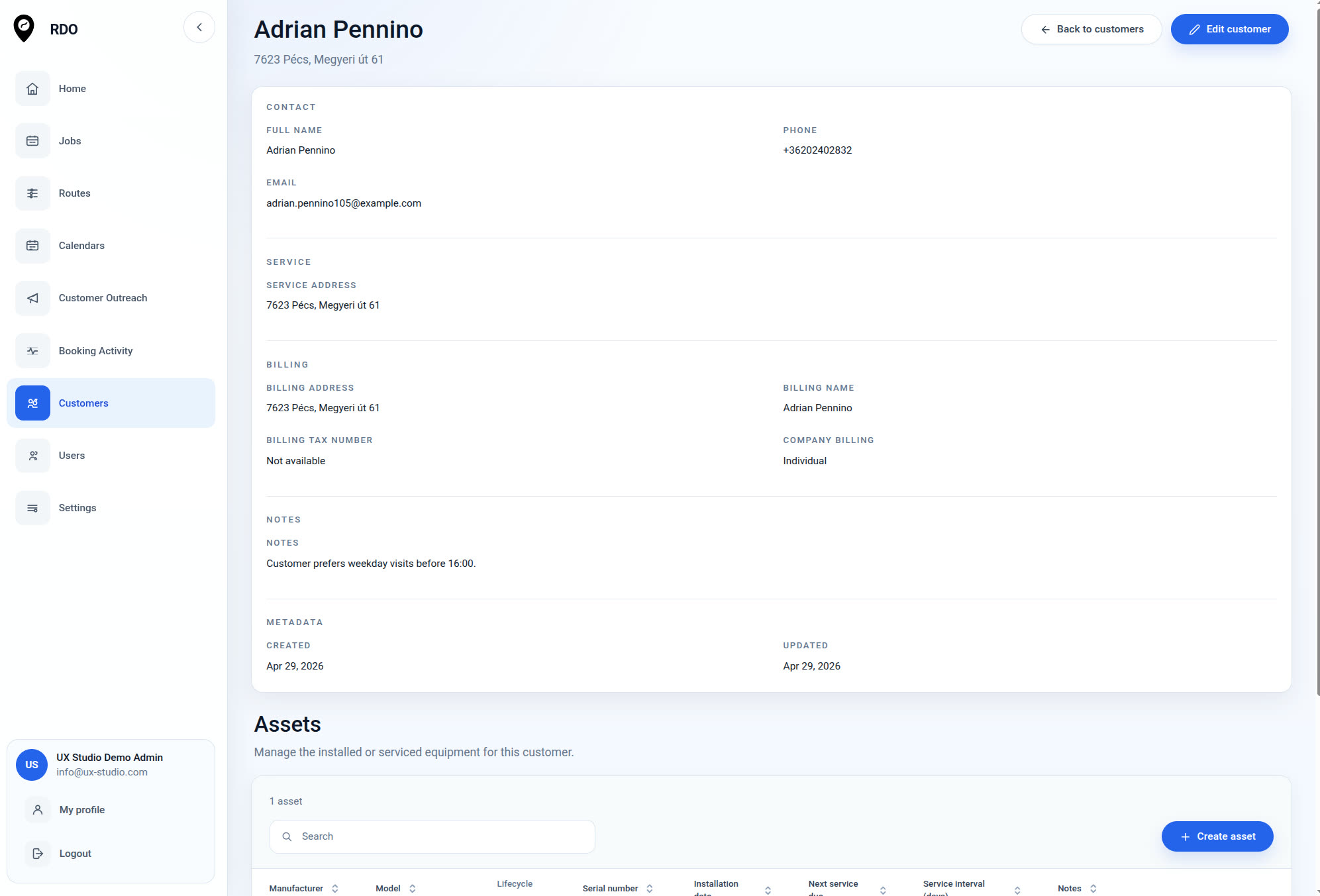 RDO customer detail page with assets, jobs, and recurring tasks