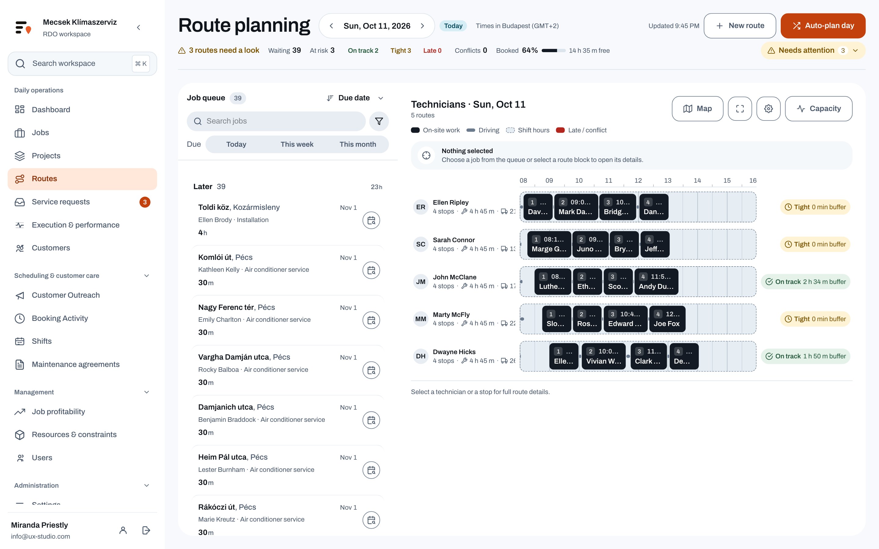 An overview of daily jobs and routes