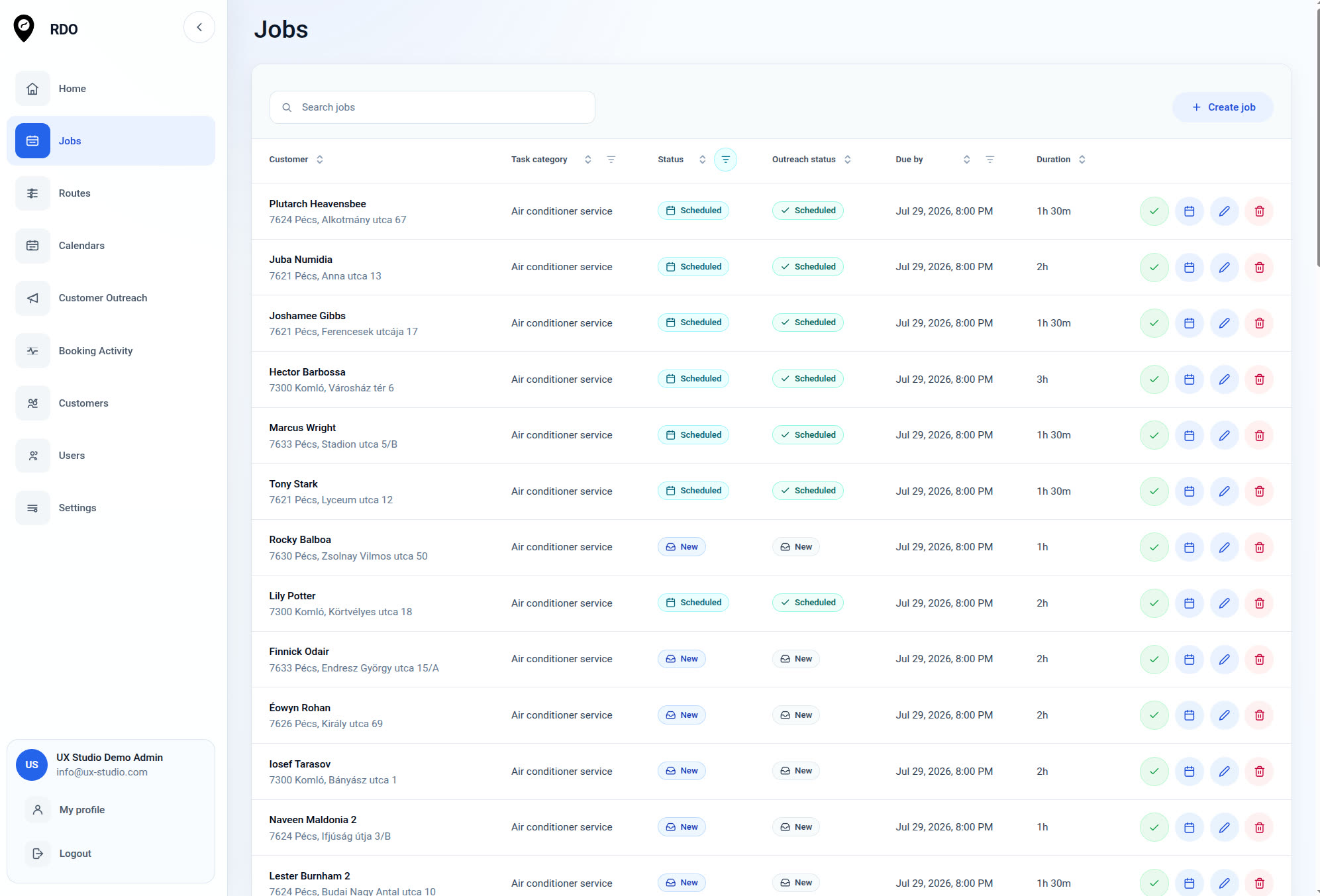 RDO jobs list with filters, statuses, and customer service work