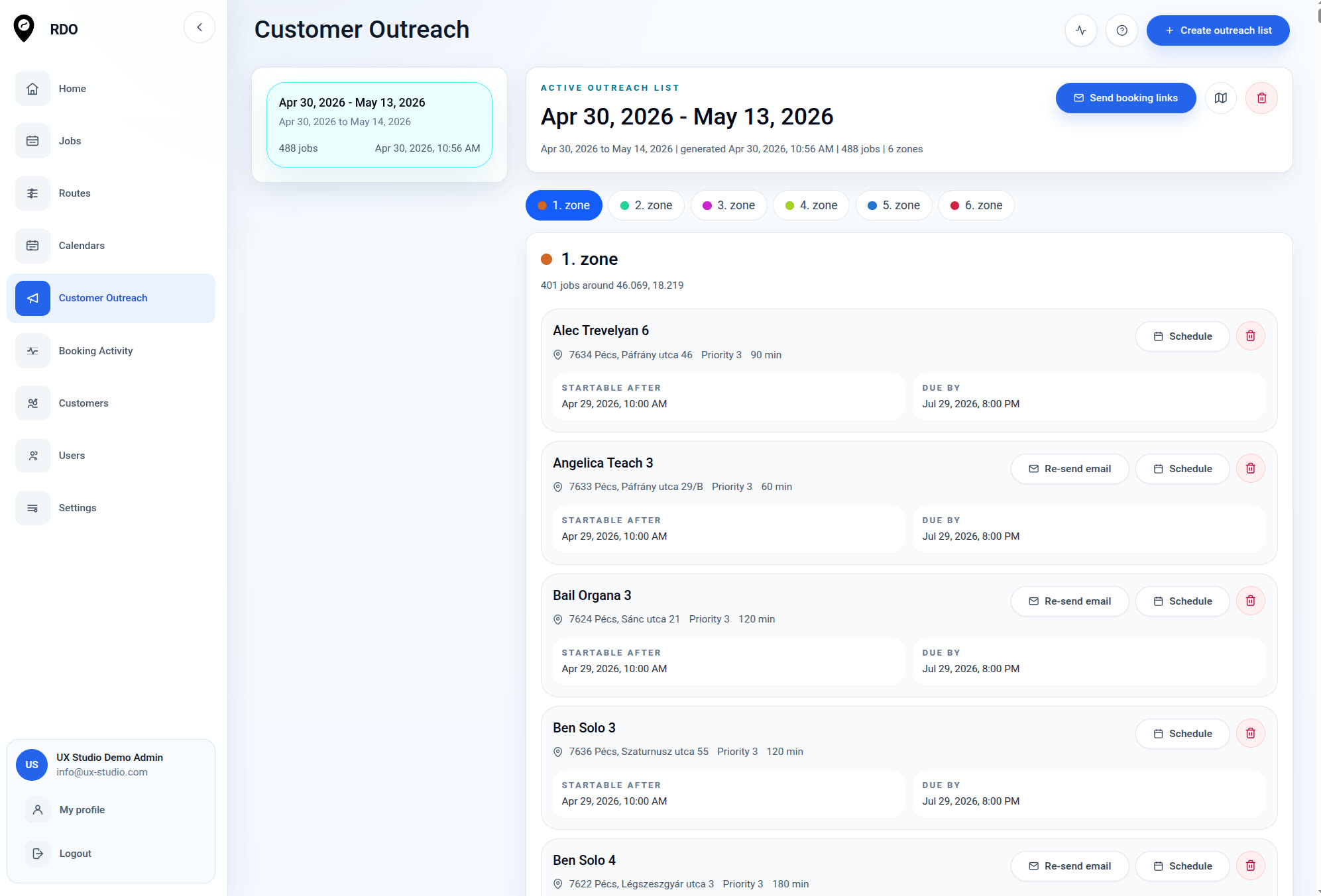 RDO zone outreach lists with map-based customer grouping