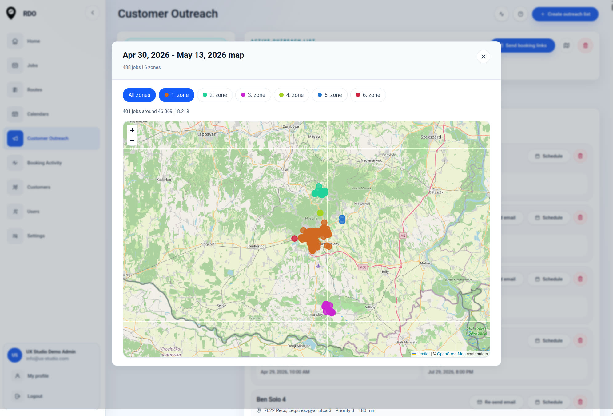 RDO customer outreach map with zones and selected customers