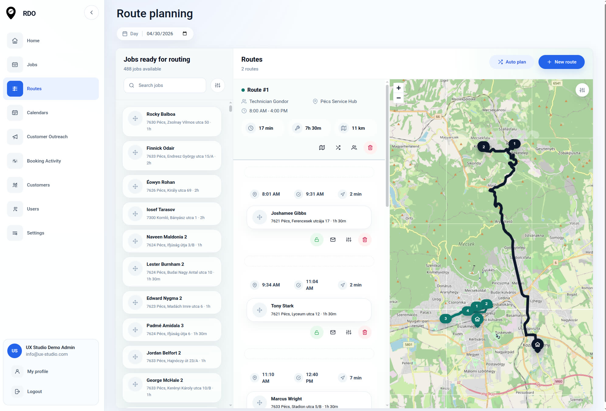 RDO route planning interface with a map, route cards, and technician jobs