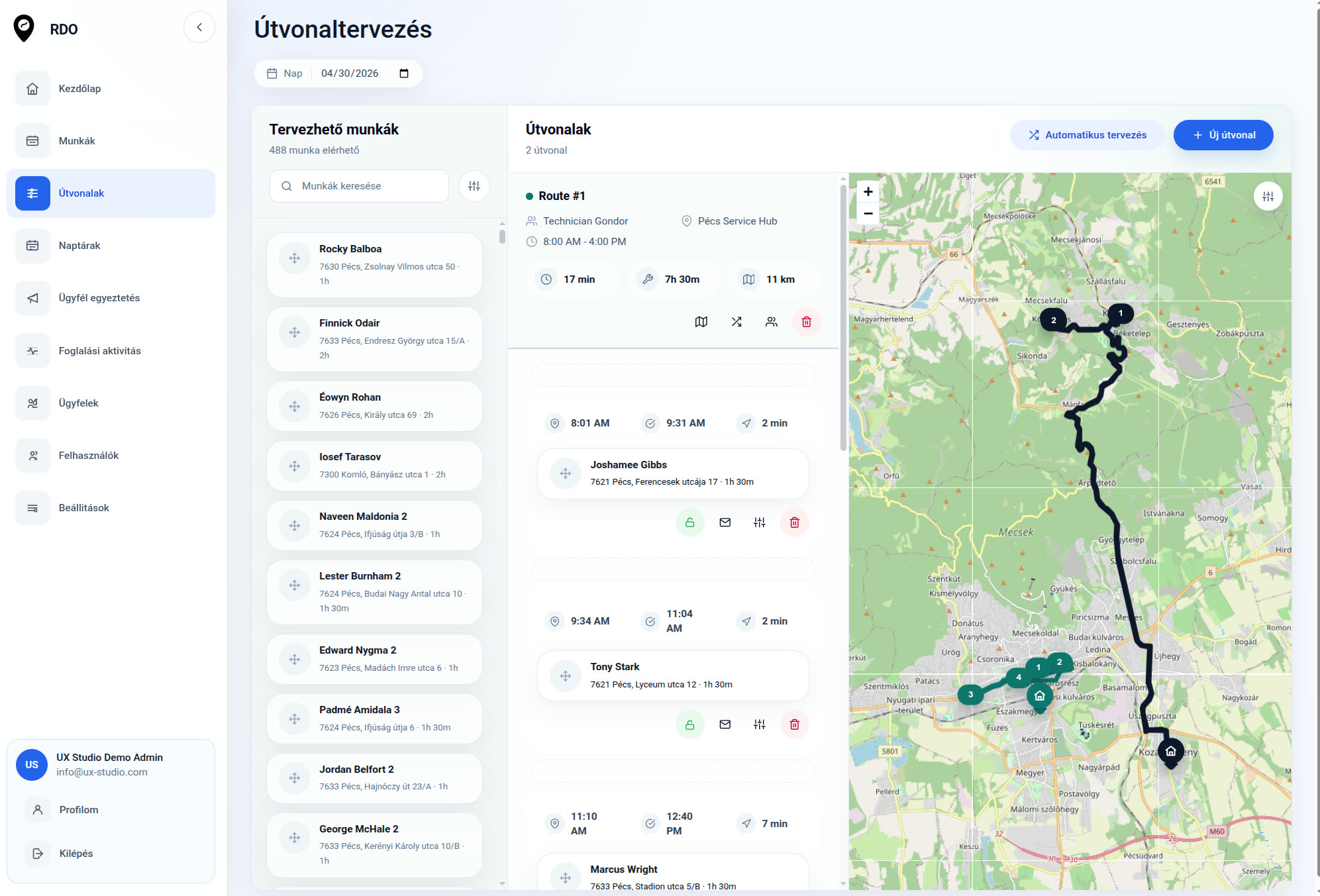 RDO útvonaltervező felület térképpel, útvonalkártyákkal és szerelői munkákkal