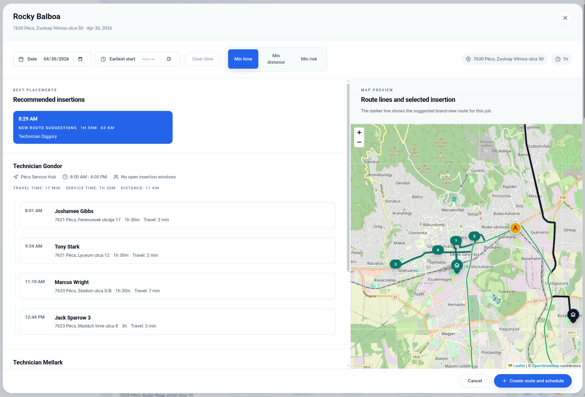 RDO scheduling view with route insertion options for a customer job