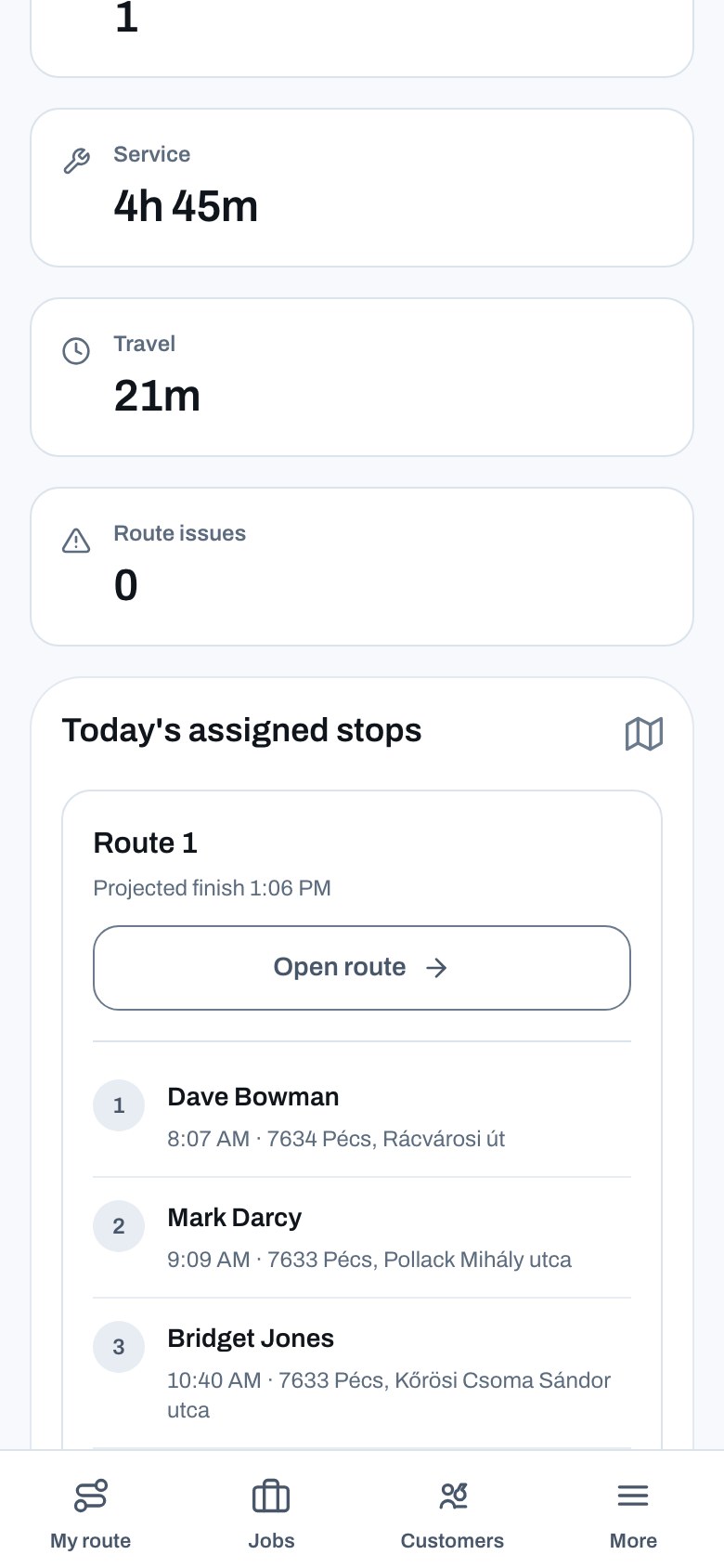 A personalized notification of the day’s jobs for the technician