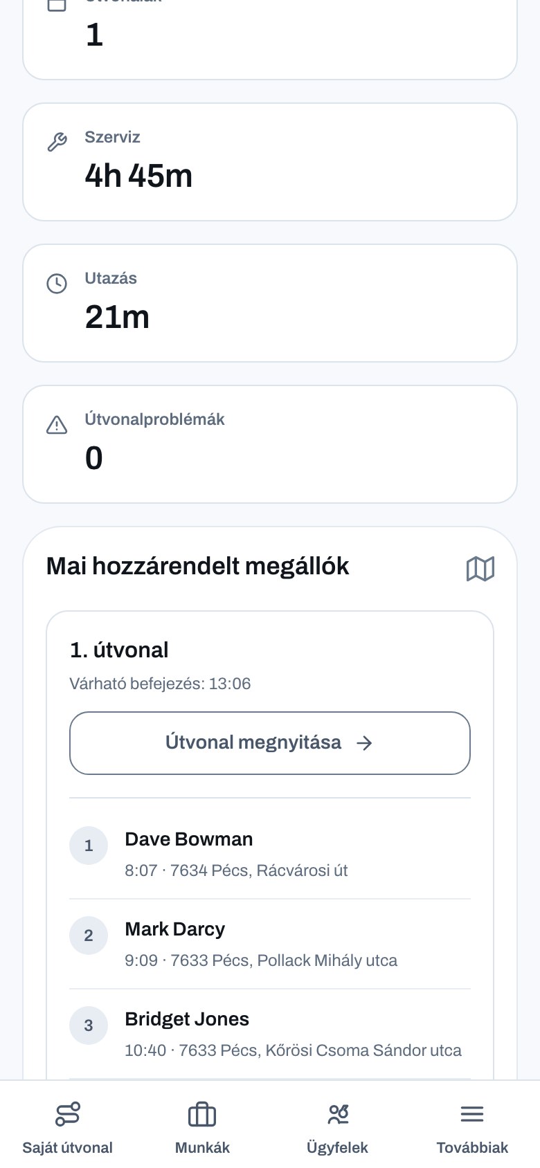 Személyre szabott értesítés a napi munkákról a technikusnak